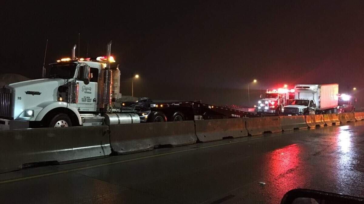 A semitrailer heading north on Interstate 5 near South 38th Street early Monday morning wasn’t able to slow down in time for backed up traffic from an earlier wreck. The semitrailer lost control and hit the barrier, which pushed the barrier into the southbound lanes.