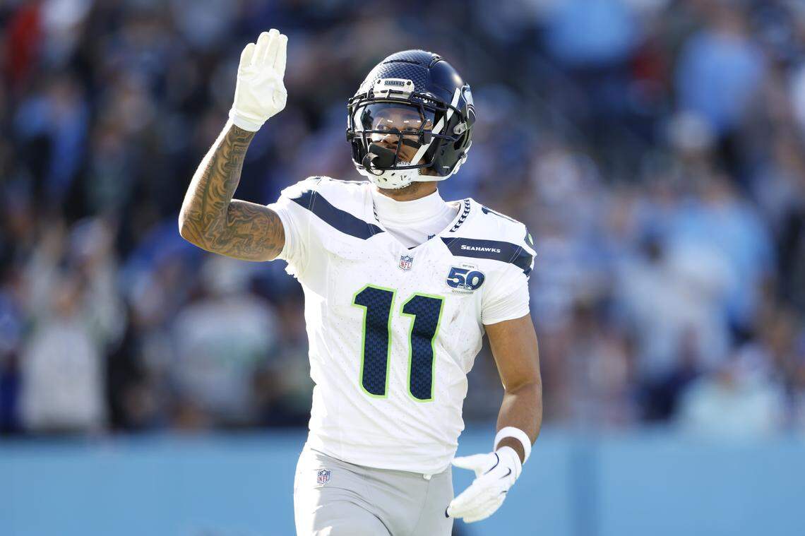 NASHVILLE, TENNESSEE - NOVEMBER 23: Jaxon Smith-Njigba #11 of the Seattle Seahawks celebrates after catching a pass for a touchdown in the second quarter of the game against the Tennessee Titans at Nissan Stadium on November 23, 2025 in Nashville, Tennessee. (Photo by Johnnie Izquierdo/Getty Images)