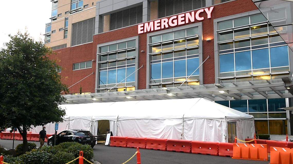 Tents were erected this fall at Good Samaritan’s emergency department in Puyallup amid a patient surge. Hospitals are still struggling with patient loads, though not from COVID, officials said Monday.