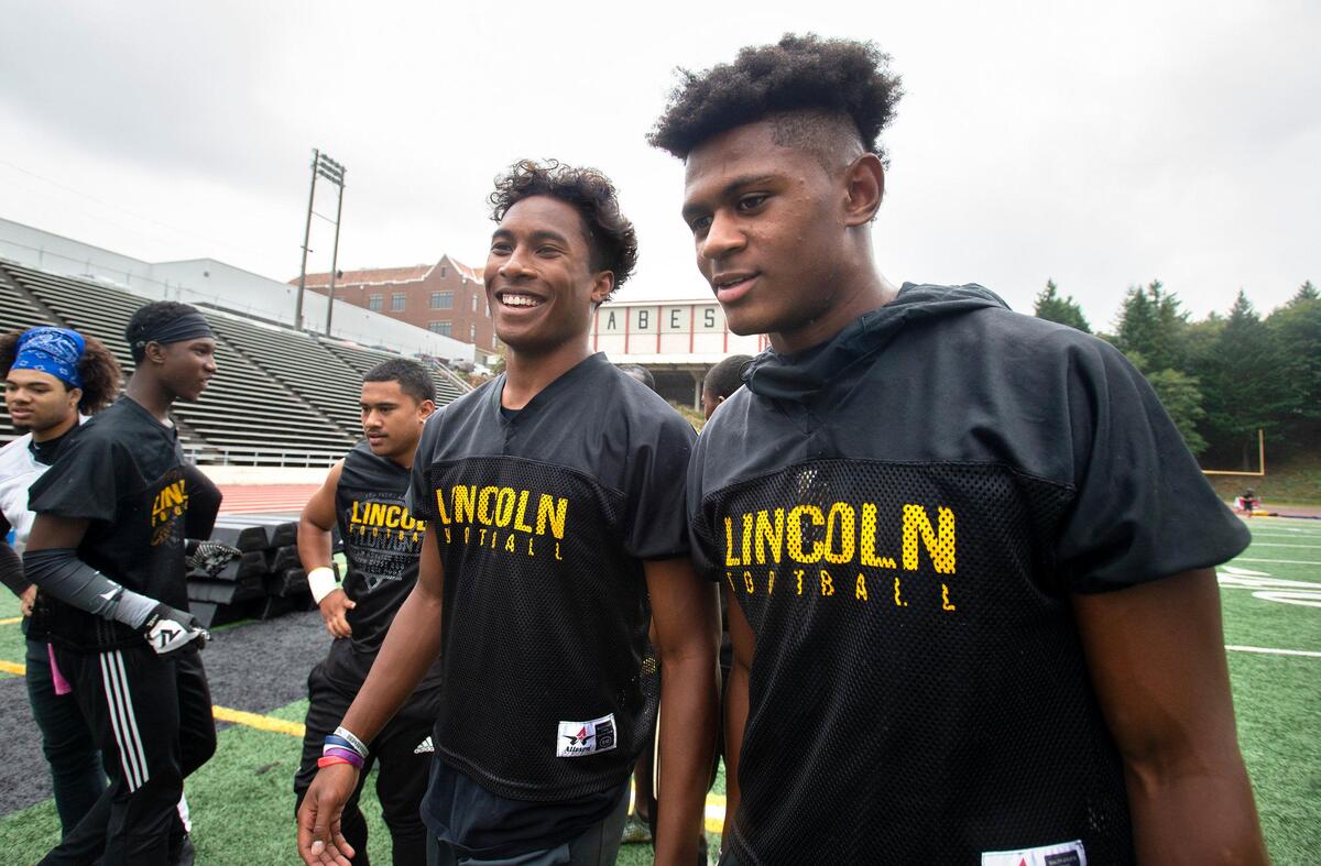 Lincoln defensive backs Donovan Clark (left) and Jaylen Clark are expected to help anchor the Abes defense. They are shown during football practice at Lincoln High School in Tacoma on Wednesday, Aug. 21, 2019.
