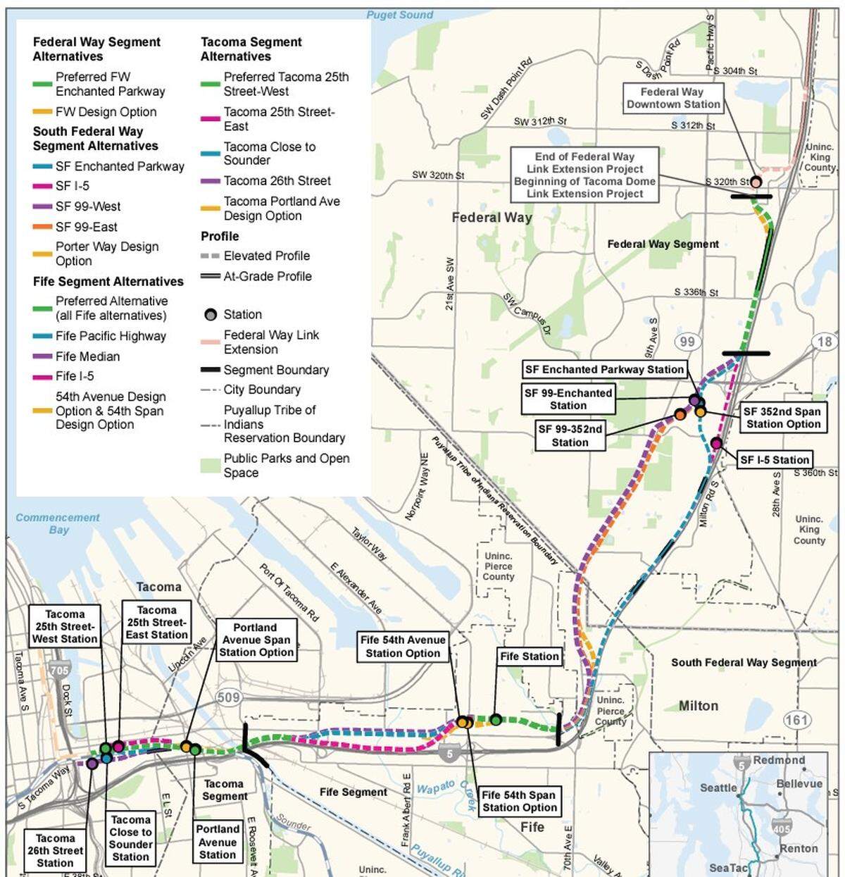 This map shows the routes under consideration for the Tacoma Dome Link Extension.