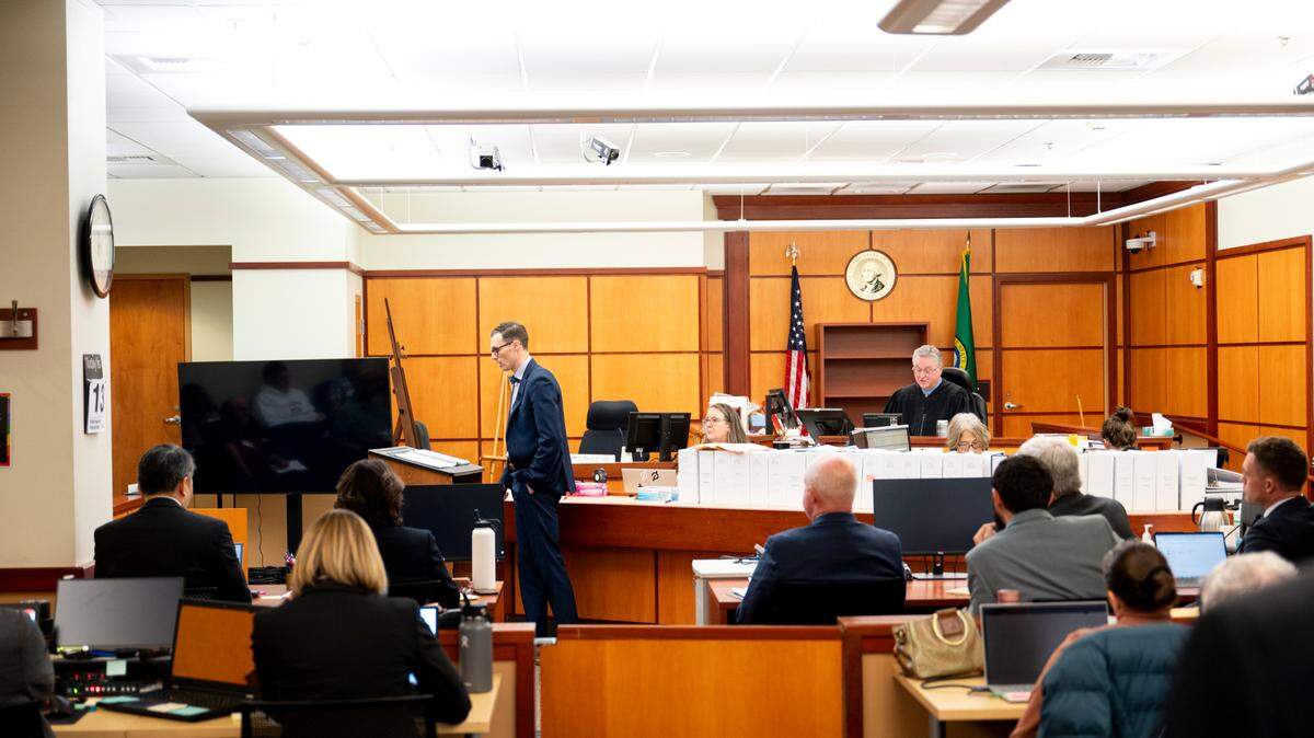 Defense attorney Mark Conrad gives closing arguments in defense of defendant Timothy Rankine during the trial of three Tacoma Police officers in the killing of Manny Ellis at Pierce County Superior Court in this Dec. 13 file photo.