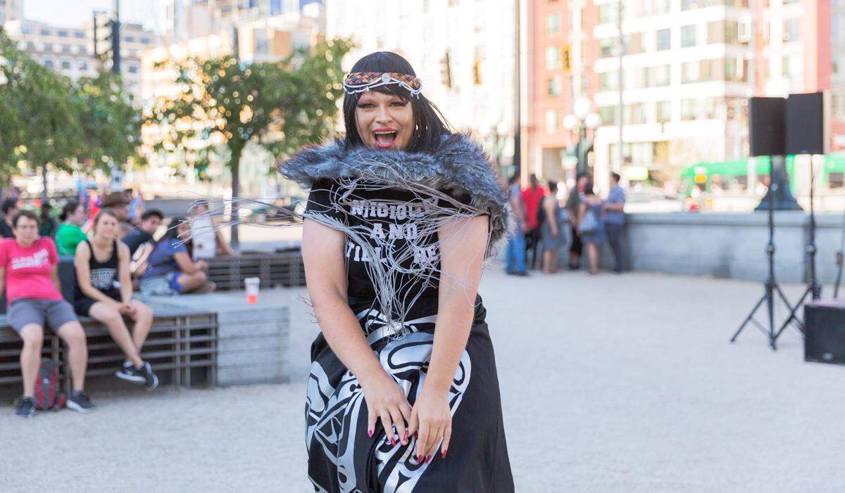 Jordan Remington, an enrolled member of the Quileute Tribe, performs at an event in Seattle. Remington is a popular Seattle Indigiqueer icon known for performing in his drag persona Hailey Tayathy.
