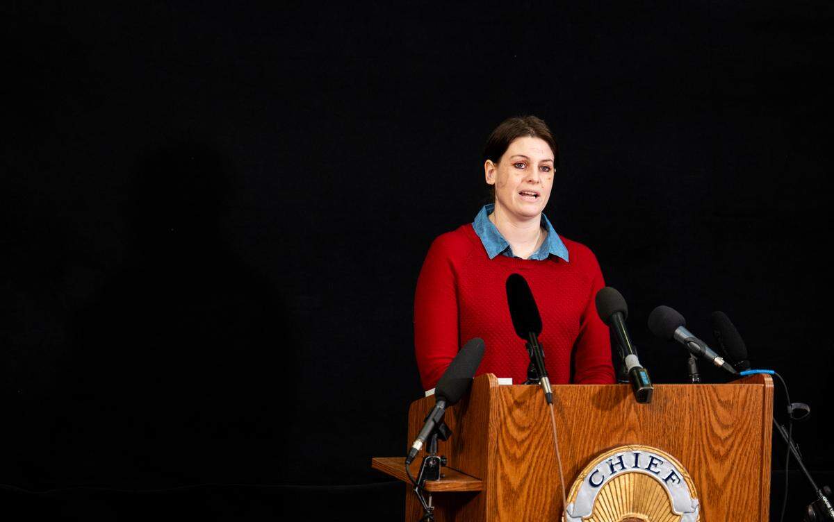 The victim of a stabbing reads a statement during a press conference on the stabbing that took place on Feb. 10 at Point Defiance Park, at Tacoma Police Department headquarters, on Wednesday, Feb. 21, 2024 in Tacoma, Washington.