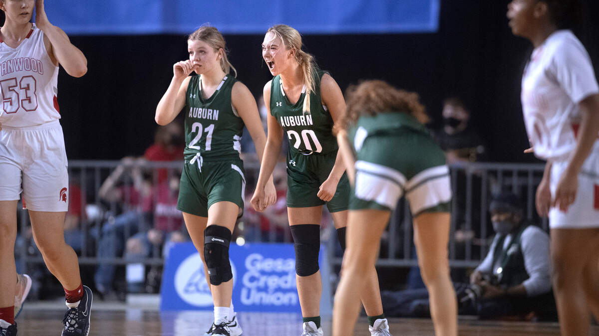 Auburn’s Chloe Furnstahl lets out a cheer after scoring against the Stanwood Spartans during Wednesday afternoon’s opening-round game of the WIAA 3A Girls Basketball State Championships tournament in the Tacoma Dome in Tacoma, Washington, on Wednesday, March 2, 2022. Auburn lost to Stanwood, 53-39.