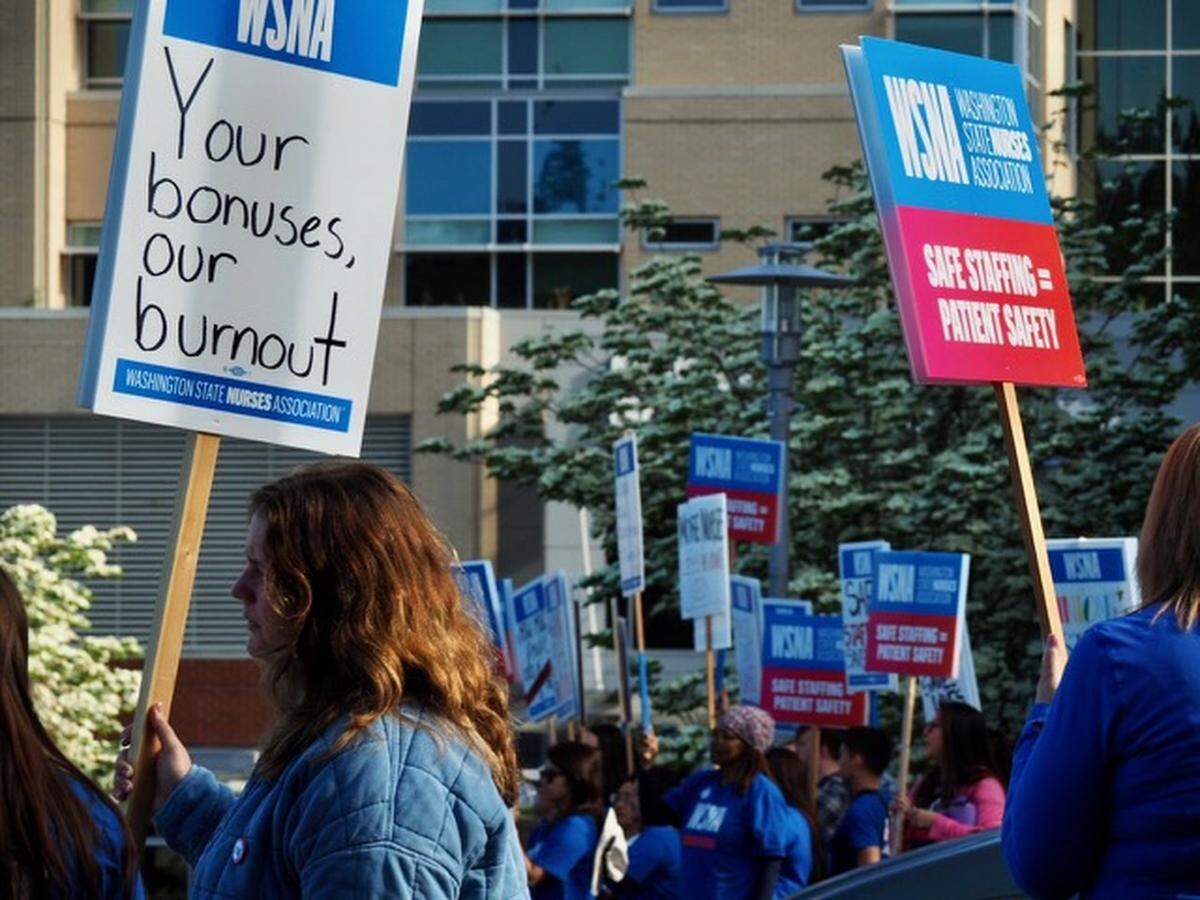 Nurses at MultiCare Good Samaritan Hospital in Puyallup picketed on Wednesday, May 27, 2026.