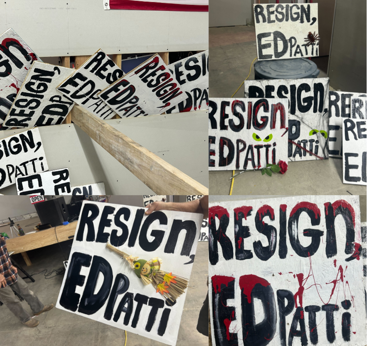 A composite image of photos shared by Sheriff Ed Troyer shows signs calling for the resignations of Troyer and Chief of Patrol Patti Jackson that were posted in the Tacoma area before the Nov. 5, 2024 general election.