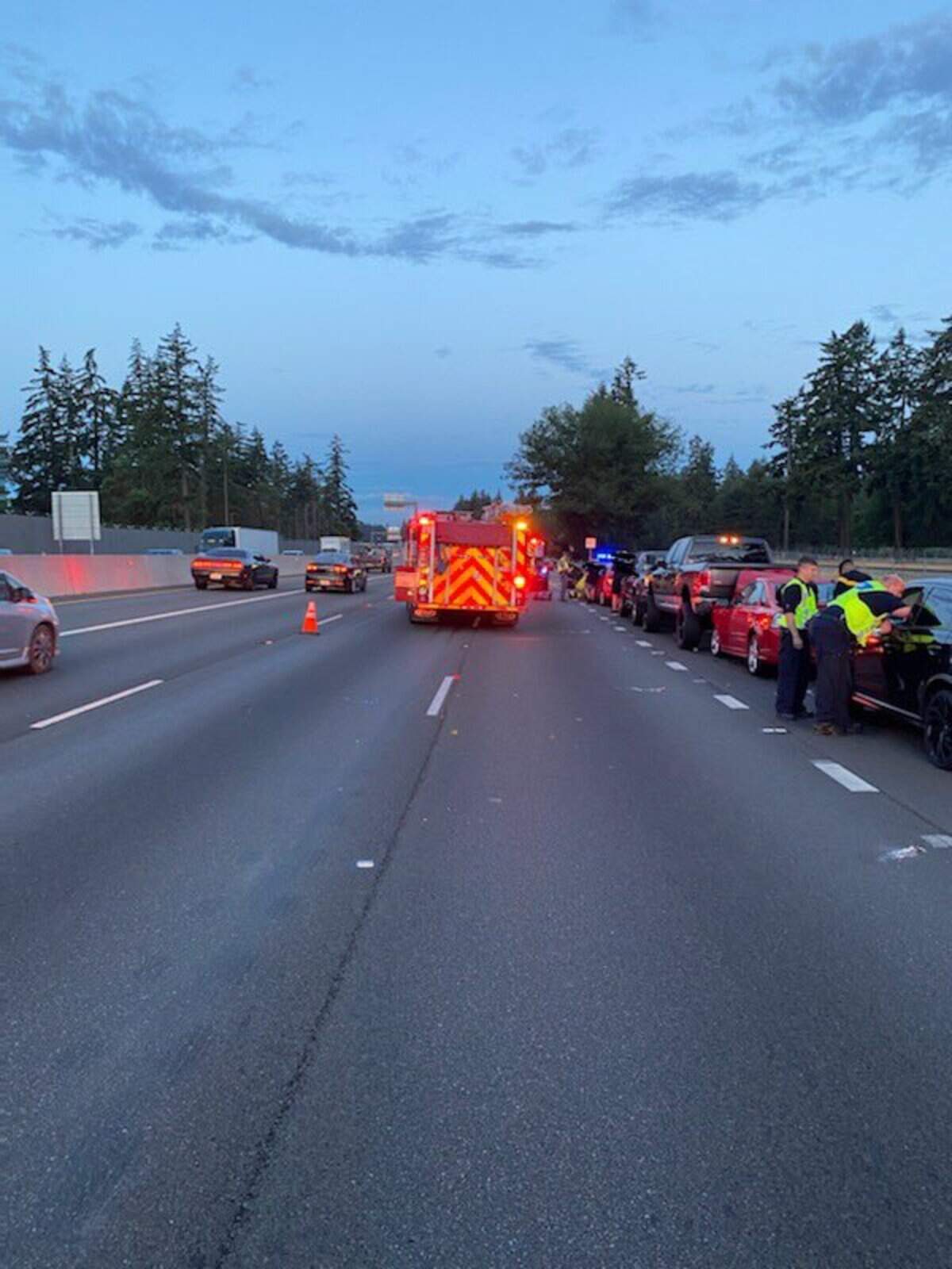 An 8-car pileup Monday morning on southbound Interstate 5 led to three lanes being shut down, stalling traffic near Joint Base Lewis-McChord.