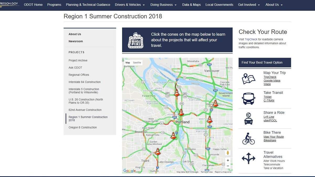 A screenshot from the Oregon Department of  Transportation's website on road construction that will be ongoing.