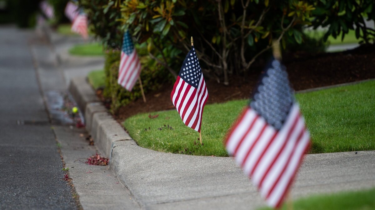 Flags lining a street in Tacoma, Wash.
