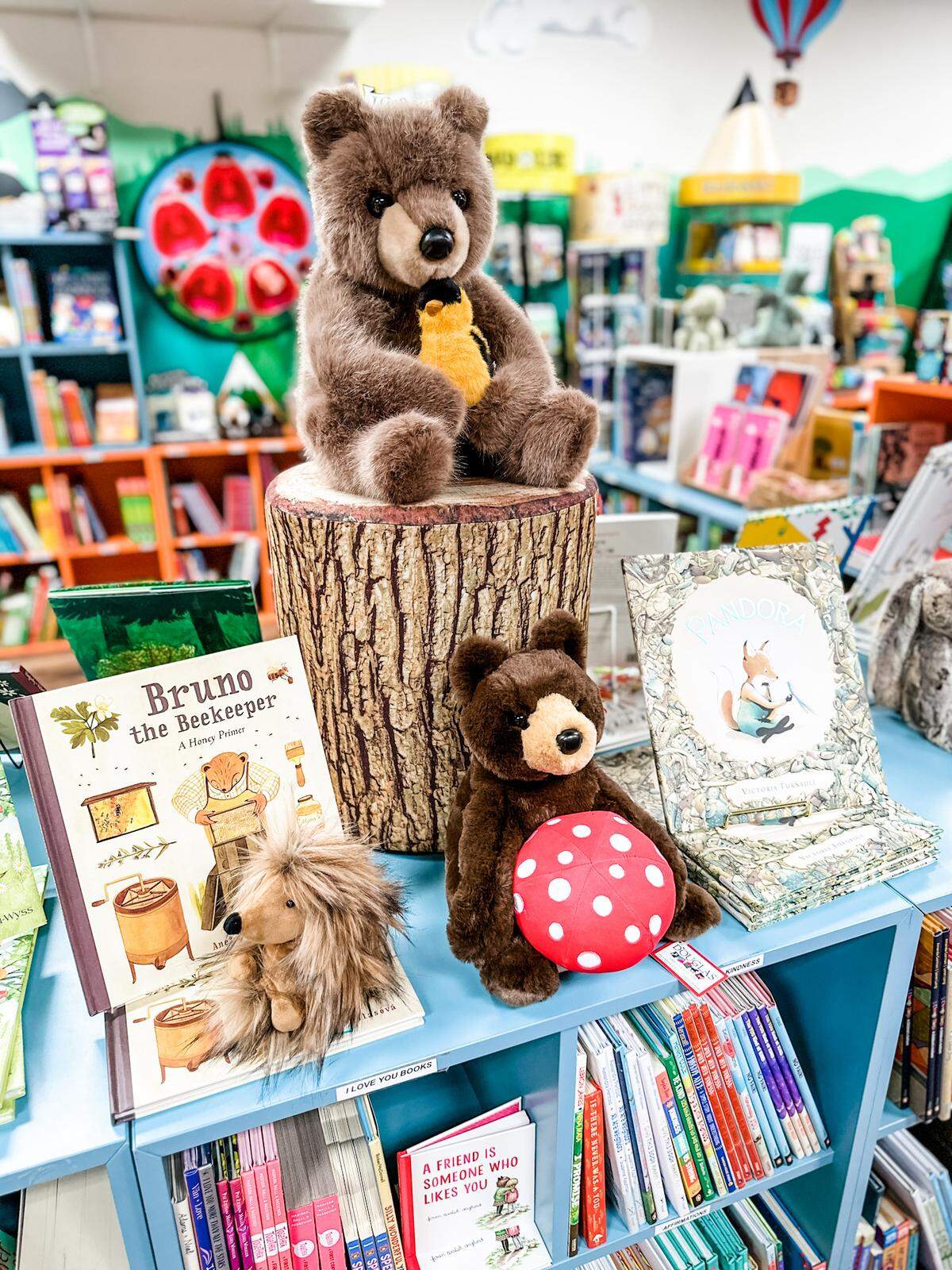 Furry plush bears wait for someone to take them home at The Curious Bear Toy & Book Shop in Fircrest, Wash.