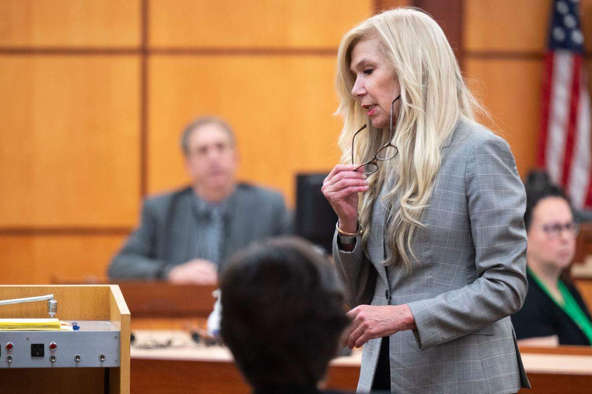 Anne Bremner, a defense attorney for Pierce County Sheriff Ed Troyer, asks questions of him during his testimony on Monday, Dec. 12, 2022, in Pierce County District Court in Tacoma, Wash.
