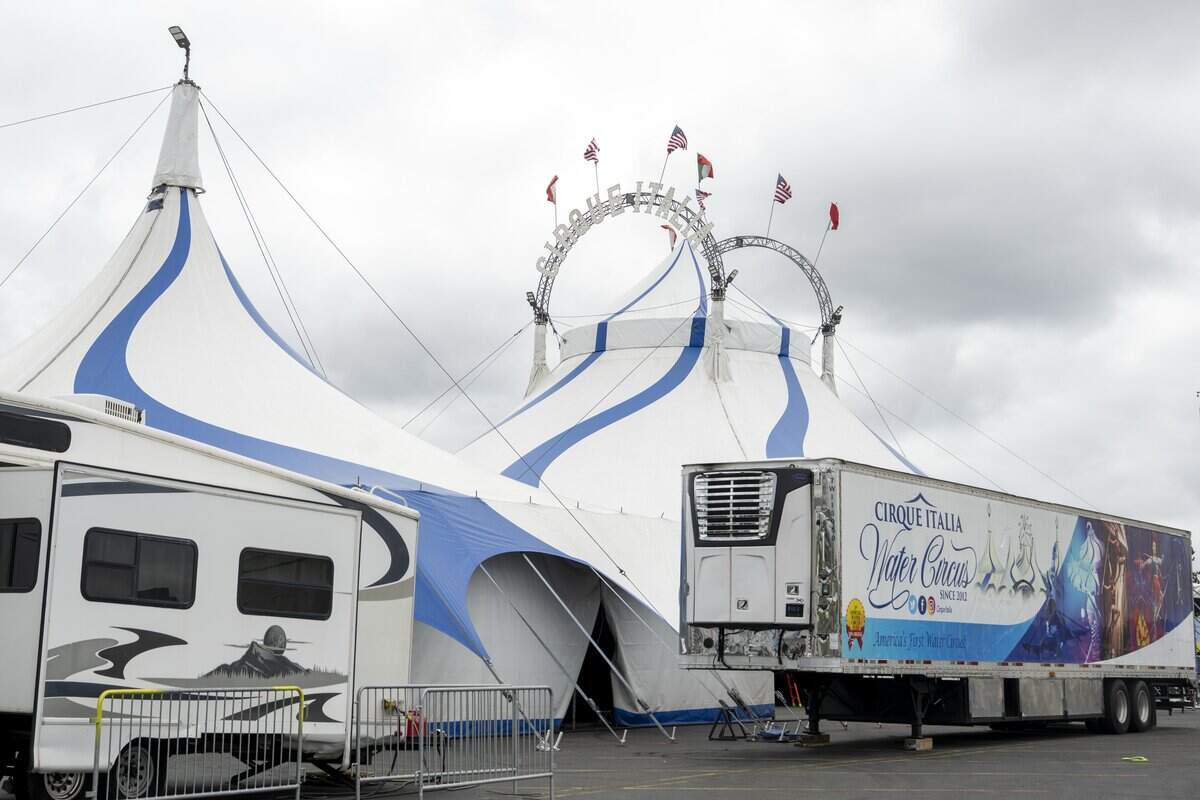 The Cirque Italia traveling circus tent stands in a parking lot of the Tacoma Mall on Wednesday, July 8, 2026, in Tacoma, Wash.