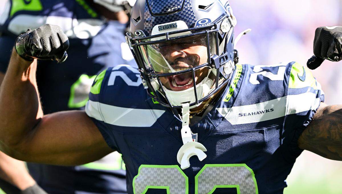 Seattle Seahawks cornerback Tre Brown (22) reacts to a hit on a punt rteturn during the second quarter of the game at Lumen Field, on Sunday, Oct. 6, 2024 in Seattle, Wash.