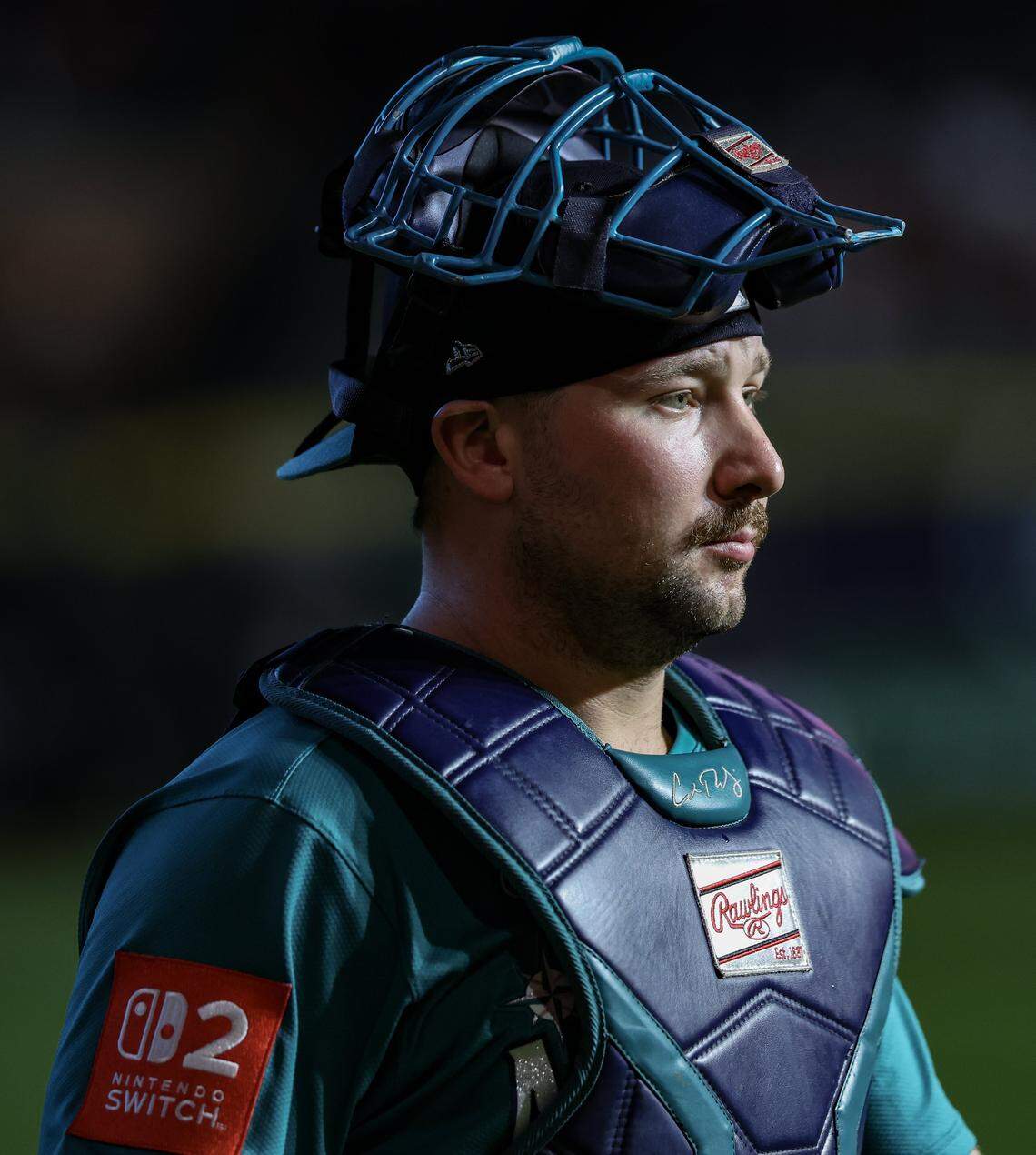 Sep 21, 2025; Houston, Texas, USA; Seattle Mariners catcher Cal Raleigh (29) walks to the dugout before playing against the Houston Astros at Daikin Park. Mandatory Credit: Thomas Shea-Imagn Images