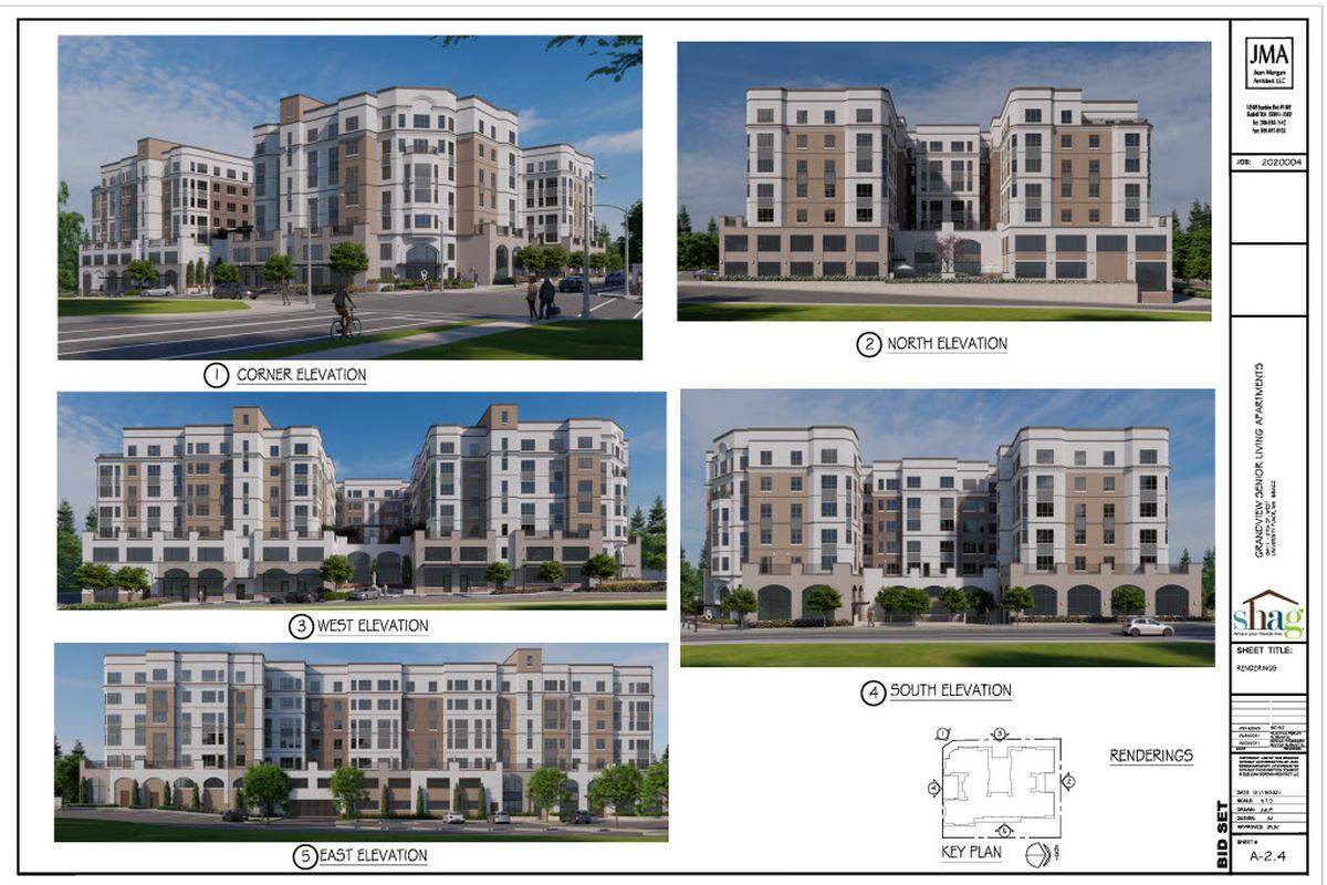 Renderings of the new Grandview Senior Living apartments in University Place show seven-story buildings with commercial space on the first floor.