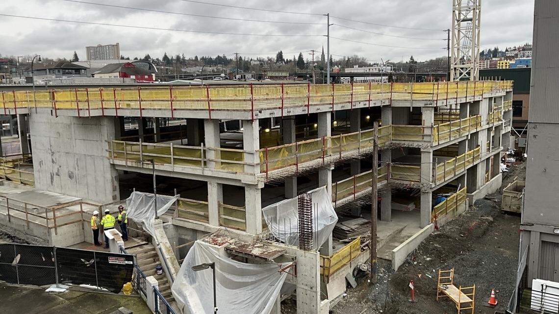 A view of the Tacoma Trax apartment site, 415 E. 25th St., in February 2024. Construction could restart in mid-June.