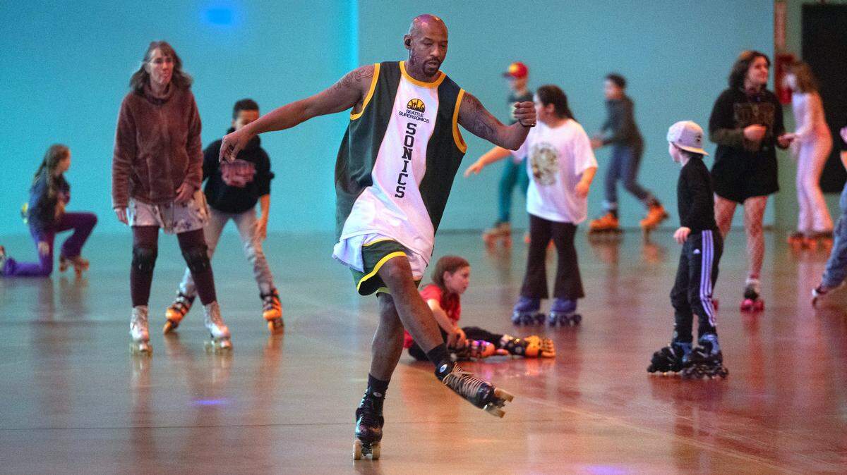 Ray Singleton of Tacoma dances around the skate floor at Skateworld Tacoma in Fircrest, Washington, on Friday, Jan. 19, 2024. The roller skating venue closed at the end of March.