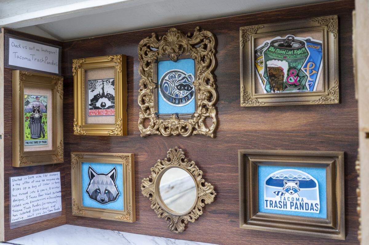 The Tiny Art Gallery on Cedar currently features stickers from Tacoma Trash Pandas on Thursday, Aug. 28, 2025, in Tacoma. The gallery rotates in new art monthly and largely highlights local artists.