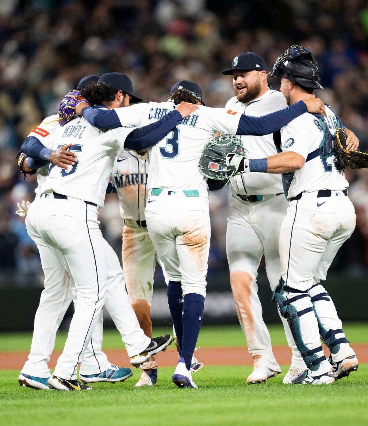 Seattle Mariners react to their 4-2 win against the Oakland Athletics on opening day game at T-Mobile Park, on Thursday, March 27, 2025, in Seattle, Wash.