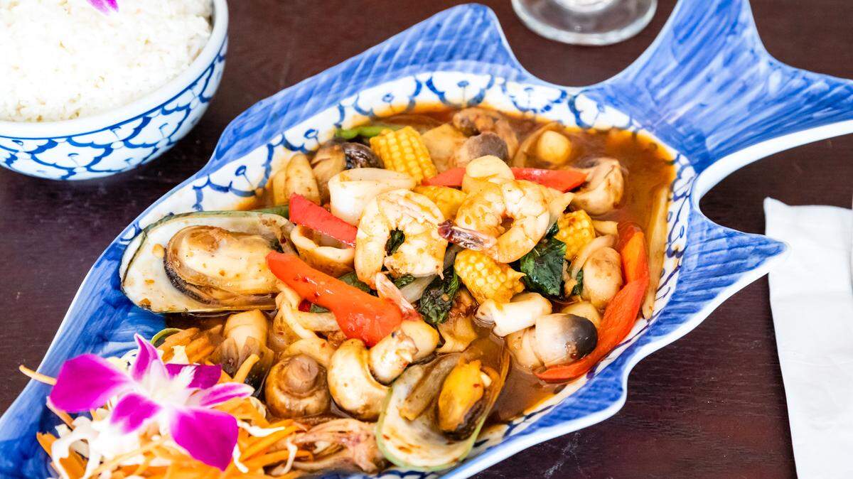 The seafood combination at Gig Harbor Thai Cuisine features a mix of seafood sautéed in chili sauce, mushrooms, baby corn, bell peppers, onion and basil, according to their menu.