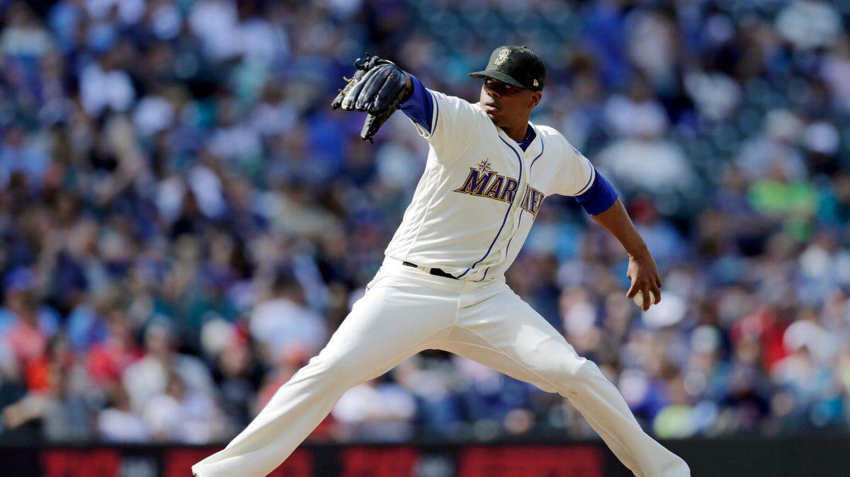 Seattle Mariners’ Roenis Elias pitches to the Minnesota Twins during the ninth inning of a baseball game, Sunday, May 19, 2019, in Seattle. The Mariners won 7-4.