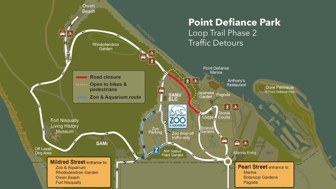 A map shows what sections of roadway at Point Defiance Park in Tacoma will be closed starting in May 2025 due to construction of a new paved trail.