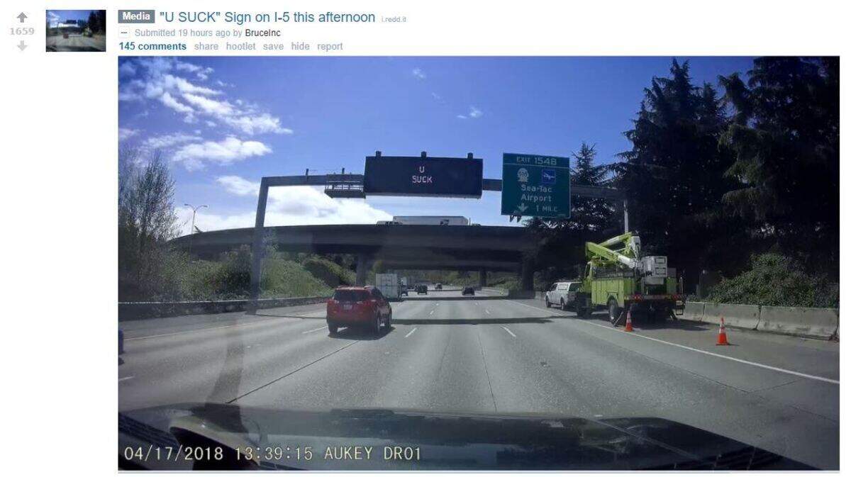 BruceInc posted this enhanced image to Reddit on Tuesday. WSDOT has apologized for what it called an inappropriate message that was the result of a training mistake.