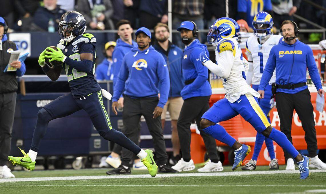 Seattle Seahawks wide receiver Rashid Shaheed (22) makes a 51-yard reception against the Los Angeles Rams during the first quarter of the NFC Championship game at Lumen Field, on Sunday, Jan. 25, 2026, in Seattle.