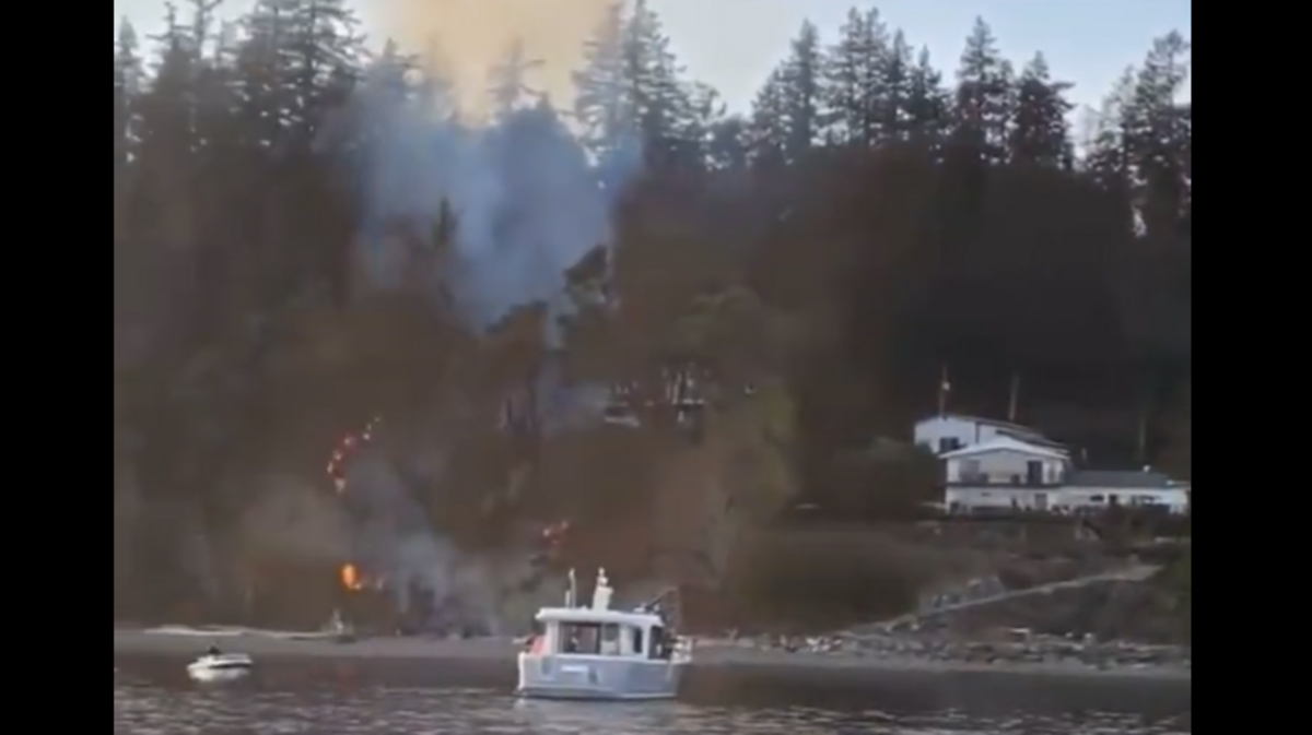 A brush fire Sunday afternoon on Fox Island broke out near the shoreline and spread up a cliffside, threatening multiple homes, according to Gig Harbor Fire & Rescue.