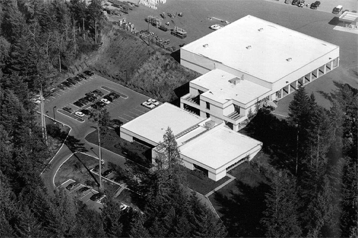 Aerial view of Peninsula Light Company headquarters building in Gig Harbor, Wash.