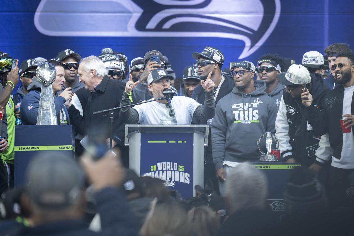 Seahawks general manager John Schneider speaks to the crowd at the team’s Trophy Celebration event at Lumen Field on Wednesday, Feb. 11, 2026, in Seattle.