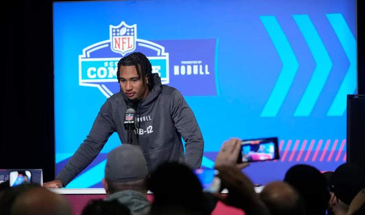 Ohio State quarterback CJ Stroud, expected to be among the first players taken in this year’s draft, speaks during a news conference at the NFL scouting combine in Indianapolis, Friday, March 3, 2023.