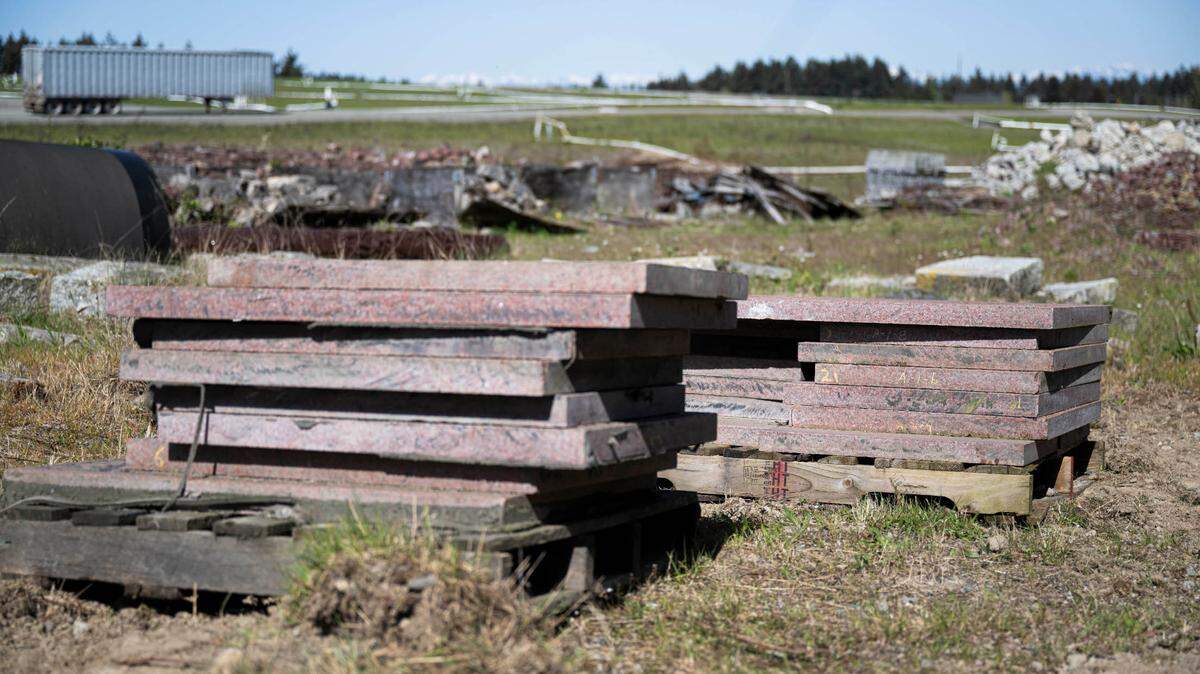 Pavers that once decorated the Theater District light rail stop now sit in storage at the Tacoma Landfill, on Friday, April 19, 2024, in Tacoma, Wash.