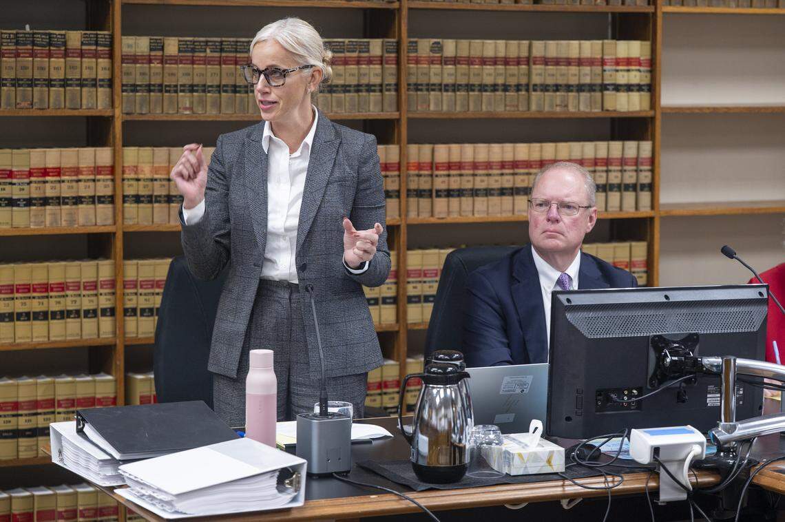 Michelle Luna, Pierce County Chief Civil Division Prosecuting Attorney, speaks in a hearing on whether to dismiss the lawsuit alleging private attorney Joan Mell is unlawfully invading the Pierce County Prosecutor's office on Friday, Oct. 31, 2025, at the King County Courthouse in Seattle, Wash.
