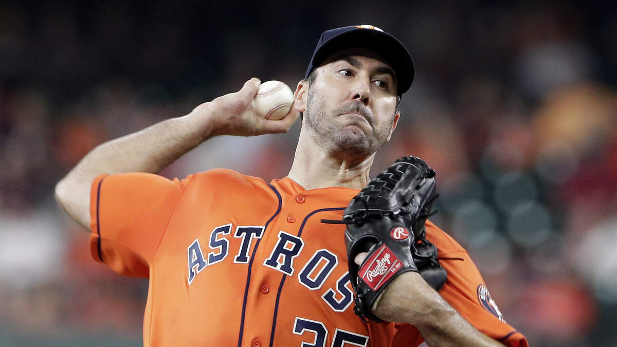 Houston Astros starting pitcher Justin Verlander throws to a Texas Rangers batter during the first inning of a baseball game Friday, May 10, 2019, in Houston.