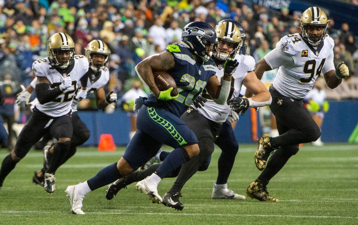 Oft-injured Seahawks running back Rashaad Penny saw limited playing time against New Orleans Monday, Oct. 25, 2021.
