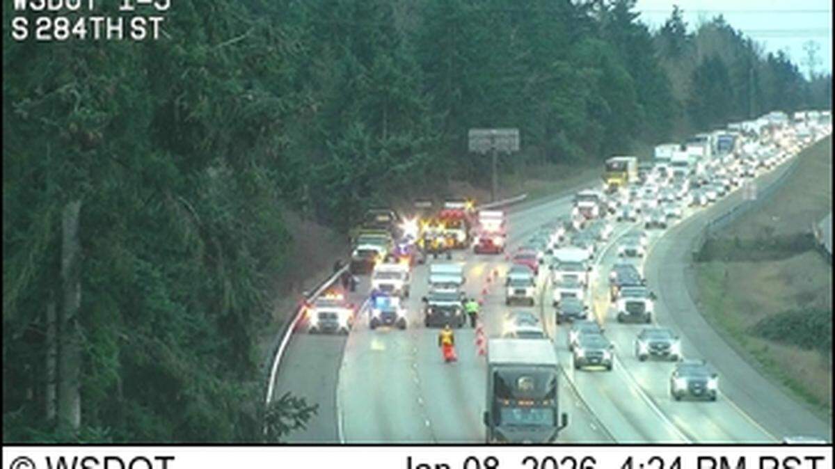 A multi-vehicle collision blocks two lanes of northbound traffic on Interstate 5 Thursday afternoon.