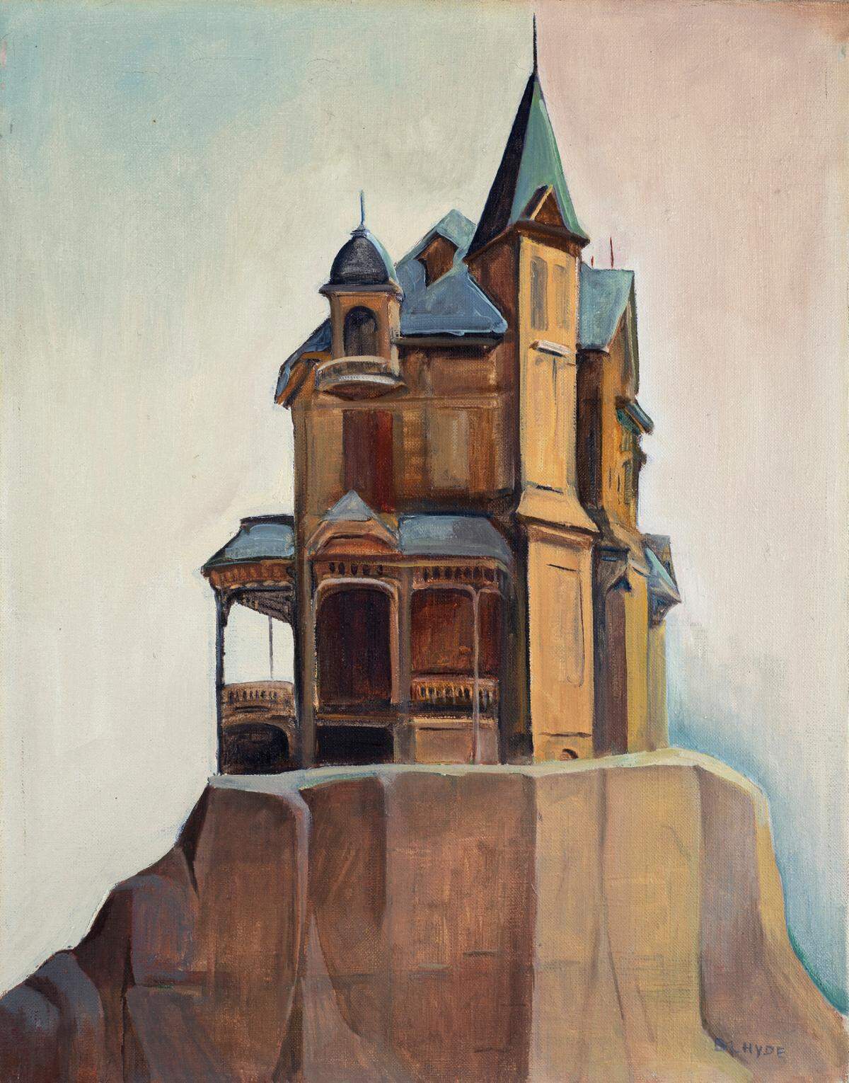 A painting of a house holding out against a regrade project. It’s thought to be either in Seattle or Portland. Artist B.L. Hyde didn’t title her work.