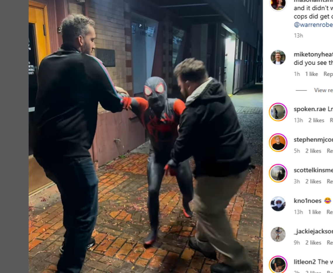 Spider-Man gets beaten up in a skit filmed Oct. 30 outside of Tacoma Comedy Club downtown.