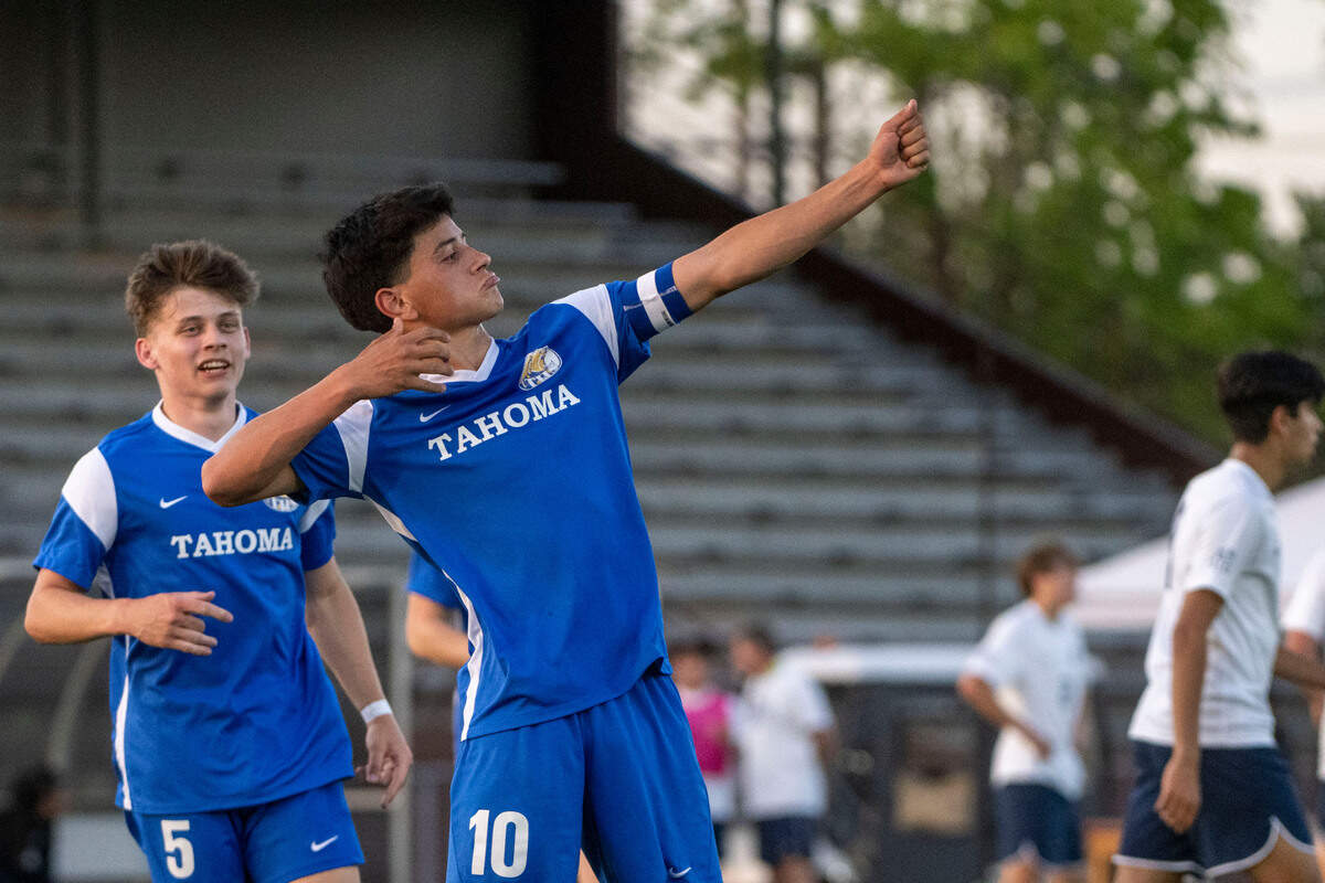 Tahoma’s Ignacio Brandan celebrates after converting a penalty kick to give the Bears a 2-0 first-half lead over Bellarmine Prep in the 4A West Central/Southwest district soccer championship game on Thursday, May 11, 2023, at Sparks Stadium in Puyallup, Wash.