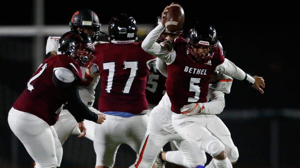 Bethel’s Kekoa Visperas is tackled during the fourth quarter. Bethel played Kennewick in a football game at Art Crate Field in Spanaway, Wash., on Saturday, Nov. 23, 2019.