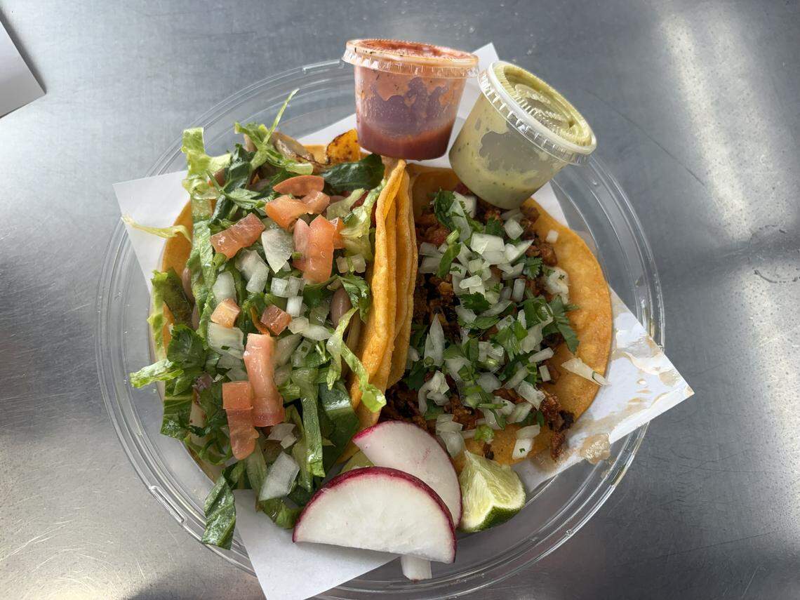 A veggie taco, left, and a chicken taco, right, from Balcon Express in Tacoma.