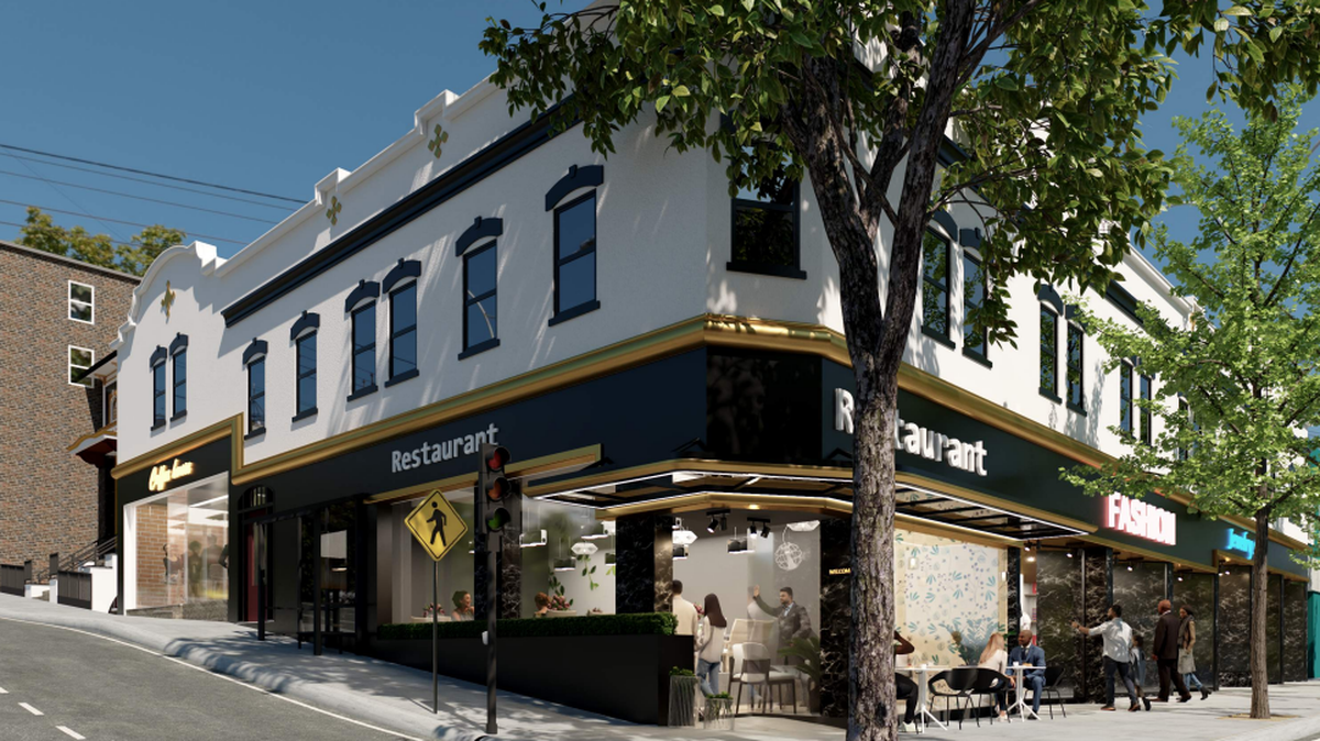 A rendering of a redevelopment project on St. Helens Avenue in downtown Tacoma depicts a new restaurant and coffee shop.