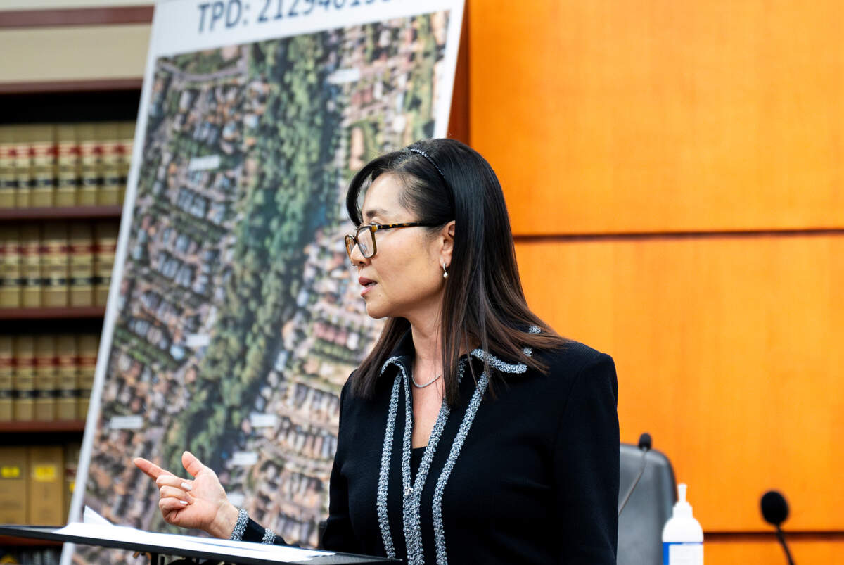 Prosecutor Sunni Ko gives her opening statement in the jury trial of Maleke Pate for four counts of aggravated murder, at Pierce County Superior Court, on Tuesday, March 5, 2024, in Tacoma. Pate is accused of fatally shooting four people in Tacoma’s Salishan neighborhood on Oct. 21, 2021.