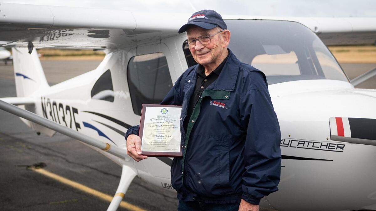 Michael Pickett received the Wright Brothers Master Pilot Certification at the Tacoma Narrows Airport in Gig Harbor, Wash., on Saturday, Sept. 19, 2020.