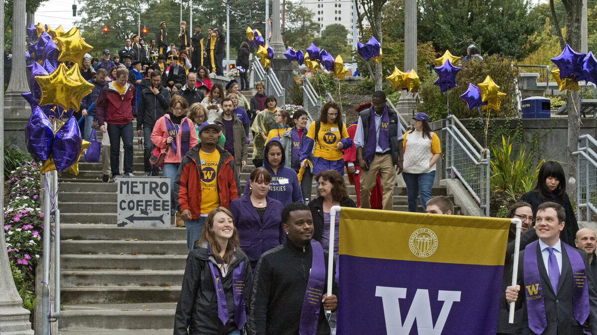 Students are welcomed to the University of Washington Tacoma campus during a convocation procession in 2013. UWT's student body continues to grow, and many new enrollees will study mechanical and civil engineering, if the school's 2019-21 state budget request is approved.