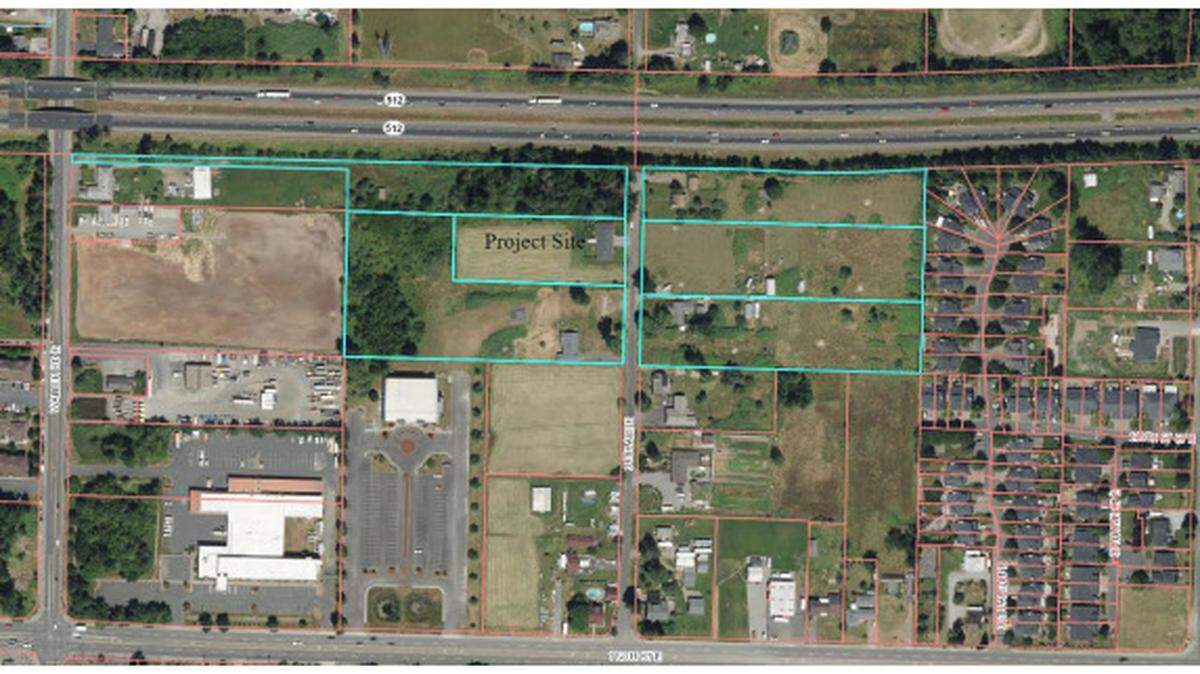 An aerial photo included in county review documents of the Bridge Point Tacoma 210 project shows the site’s proximity to Crestview Village, seen at right.