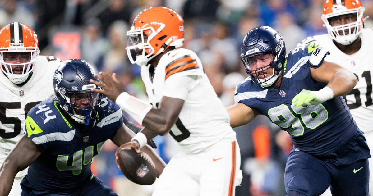 Seattle Seahawks linebacker Jamie Sheriff (44) pressures Cleveland Browns quarterback Tyler Huntley during the third quarter of the preseason game at Lumen Field, on Saturday, Aug. 24, 2024 in Seattle, Wash.