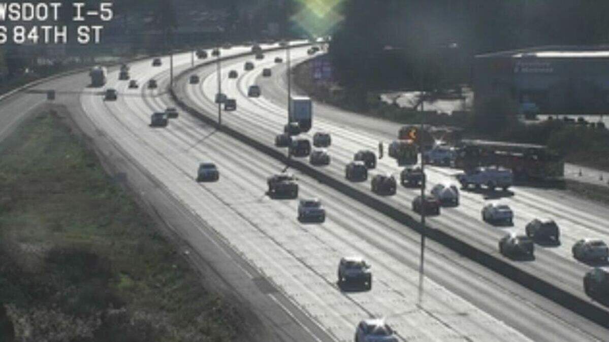 A crash on southbound Interstate 5 near Lakewood has blocked lanes on Jan. 16, 2026.